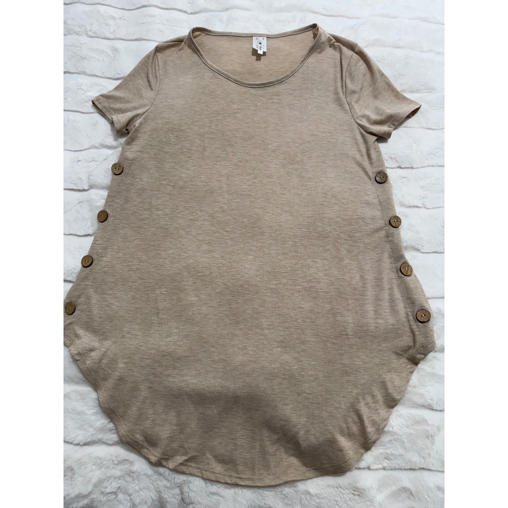 42Pops S Beige Side Button Tunic Top Short Sleeve High Low Hem Stretch Casual - Picture 5 of 8